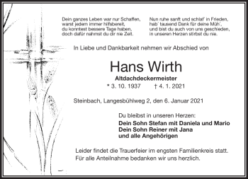 Traueranzeige von Hans Wirth von Frankenpost