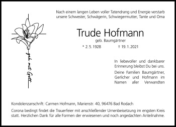 Traueranzeige von Trude Hofmann von Neue Presse Coburg