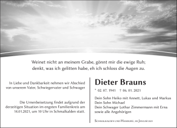 Traueranzeige von Dieter Brauns von Südthüringer Presse