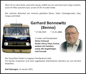 Traueranzeige von Gerhard Bennewitz von Südthüringer Presse