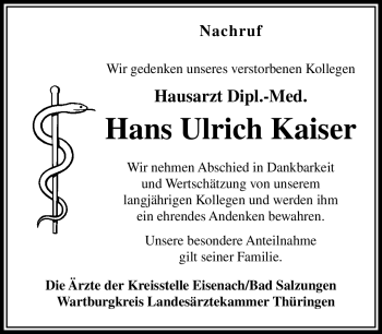 Traueranzeige von Hans Ulrich Kaiser von Südthüringer Presse