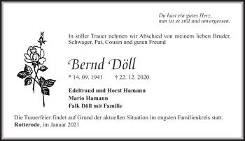 Traueranzeige von Bernd Döll von Südthüringer Presse