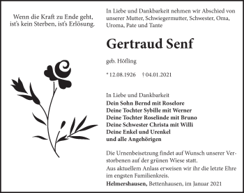 Traueranzeige von Gertraud Senf von Südthüringer Presse