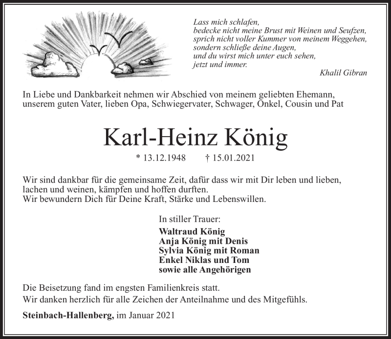  Traueranzeige für Karl-Heinz König vom 23.01.2021 aus Südthüringer Presse