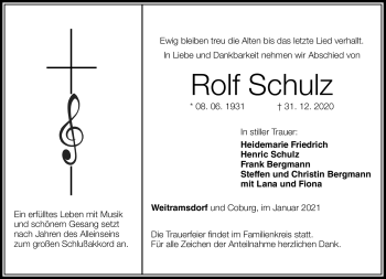 Traueranzeige von Rolf Schulz von Neue Presse Coburg