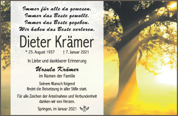 Traueranzeige von Dieter Krämer von Südthüringer Presse