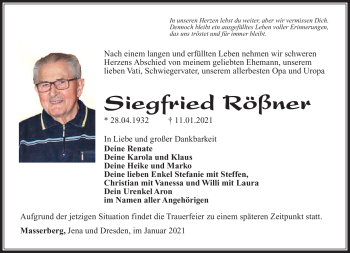 Traueranzeige von Siegfried Rößner von Südthüringer Presse