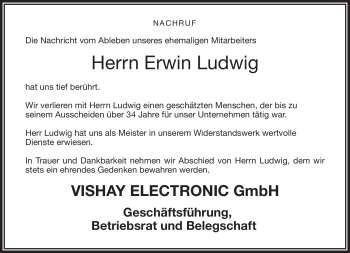 Traueranzeige von Erwin Ludwig von Frankenpost
