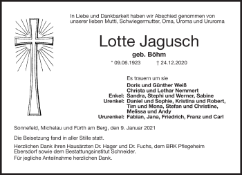 Traueranzeige von Lotte Jagusch von Neue Presse Coburg