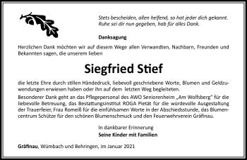 Traueranzeige von Siegfried Stief von Südthüringer Presse