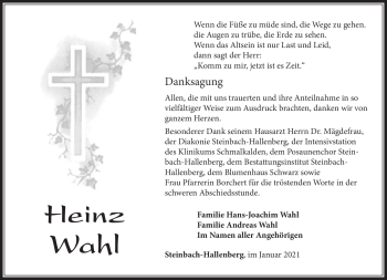 Traueranzeige von Heinz Wahl von Südthüringer Presse