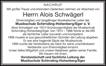 Traueranzeige von Alfons Schwägerl von Frankenpost