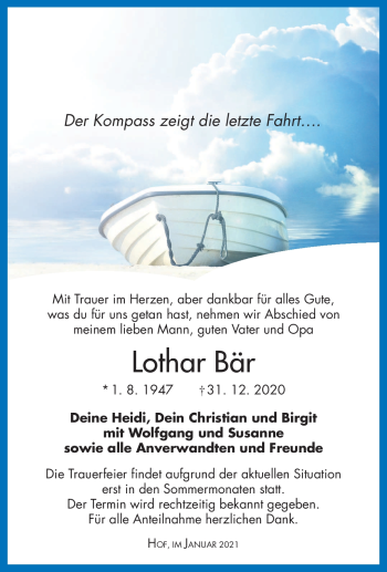 Traueranzeige von Lothar Bär von Frankenpost