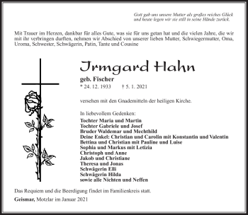 Traueranzeige von Irmgard Hahn von Südthüringer Presse