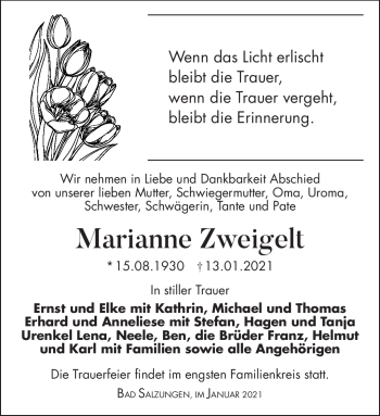 Traueranzeige von Marianne Zweigelt von Südthüringer Presse