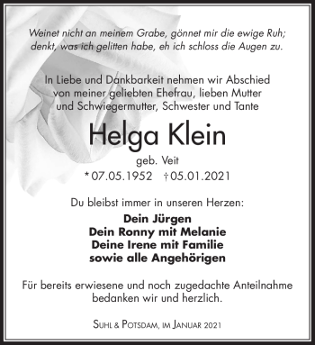 Traueranzeige von Helga Klein von Südthüringer Presse