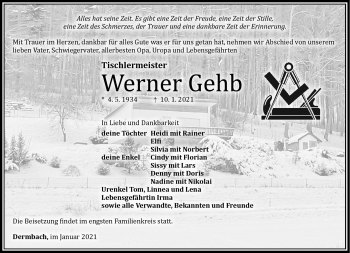 Traueranzeige von Werner Gehb von Südthüringer Presse
