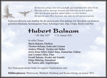 Traueranzeige von Hubert Balsam von Südthüringer Presse