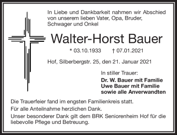 Traueranzeige von Walter-Horst Bauer von Frankenpost