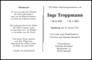 Traueranzeige von Inge Troppmann von Frankenpost