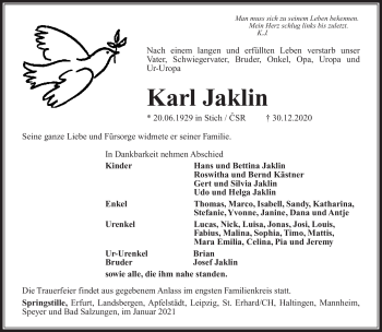Traueranzeige von Karl Jaklin von Südthüringer Presse