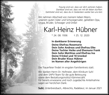 Traueranzeige von Karl-Heinz Hübner von Südthüringer Presse