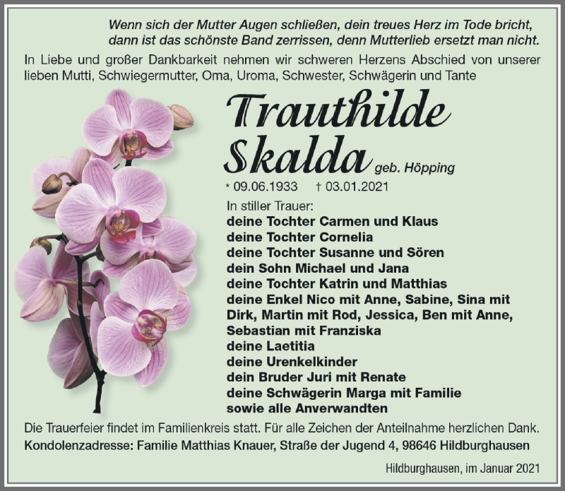  Traueranzeige für Trauthilde Skalda vom 08.01.2021 aus Südthüringer Presse