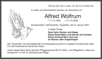 Traueranzeige von Alfred Wolfrum von Frankenpost