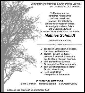 Traueranzeige von Mathias Schmidt von Südthüringer Presse