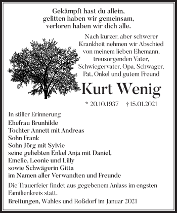 Traueranzeige von Kurt Wenig von Südthüringer Presse
