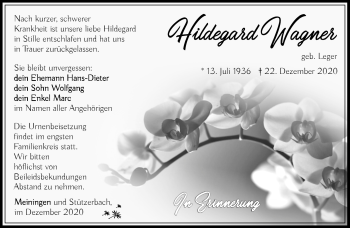 Traueranzeige von Hildegard Wagner von Südthüringer Presse