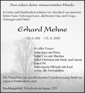 Traueranzeige von Erhard Mehne von Südthüringer Presse