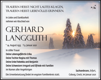 Traueranzeige von Gerhard Langguth von Südthüringer Presse