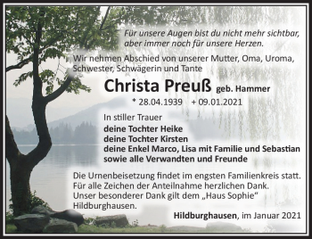 Traueranzeige von Christa Preuß von Südthüringer Presse