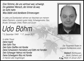 Traueranzeige von Udo Böhm von Südthüringer Presse