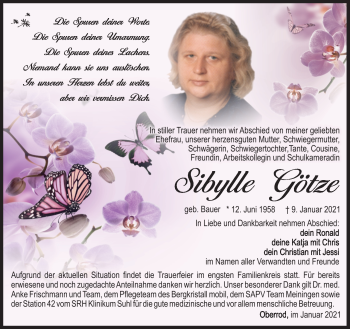 Traueranzeige von Sibylle Götze von Südthüringer Presse