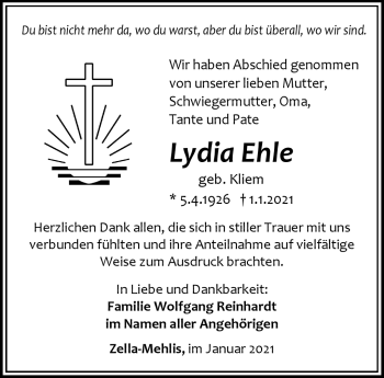 Traueranzeige von Lydia Ehle von Südthüringer Presse