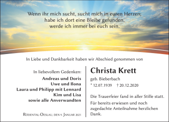 Traueranzeige von Christa Krett von Neue Presse Coburg