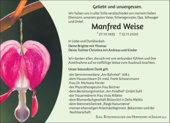 Traueranzeige von Manfred Weise von Südthüringer Presse