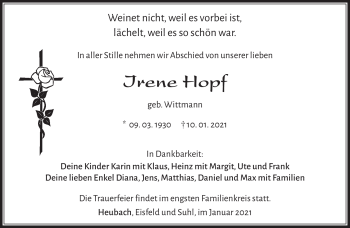 Traueranzeige von Irene Hopf von Südthüringer Presse