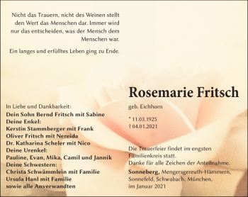 Traueranzeige von Rosemarie Fritsch von Südthüringer Presse