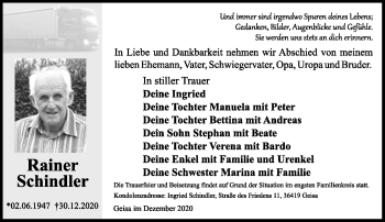Traueranzeige von Rainer Schindler von Südthüringer Presse