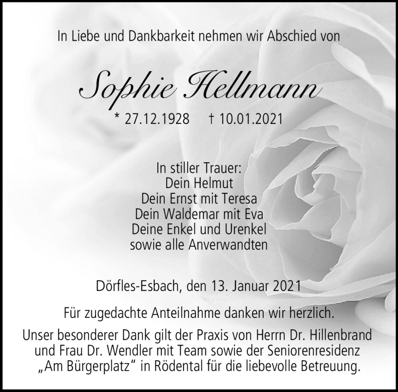  Traueranzeige für Sophie Hellmann vom 13.01.2021 aus Neue Presse Coburg