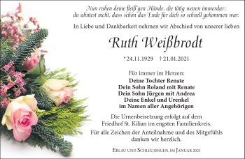 Traueranzeige von Ruth Weißbrodt von Südthüringer Presse