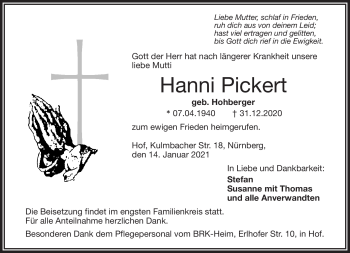 Traueranzeige von Hanni Pickert von Frankenpost