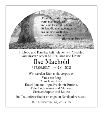 Traueranzeige von Ilse Machold von Südthüringer Presse