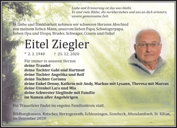 Traueranzeige von Eitel Ziegler von Südthüringer Presse