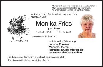 Traueranzeige von Monika Fries von Frankenpost