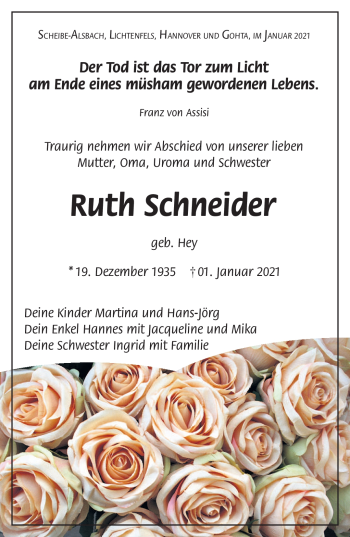 Traueranzeige von Ruth Schneider von Südthüringer Presse