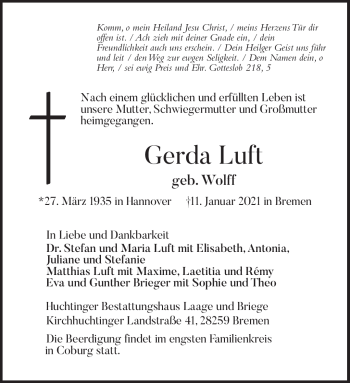 Traueranzeige von Gerda Luft von Neue Presse Coburg